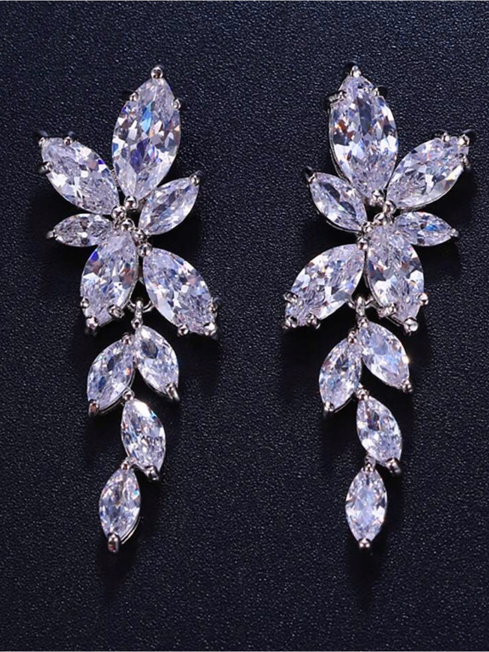 Elegant Crystal Leaf Drop Earrings - Silver Tone